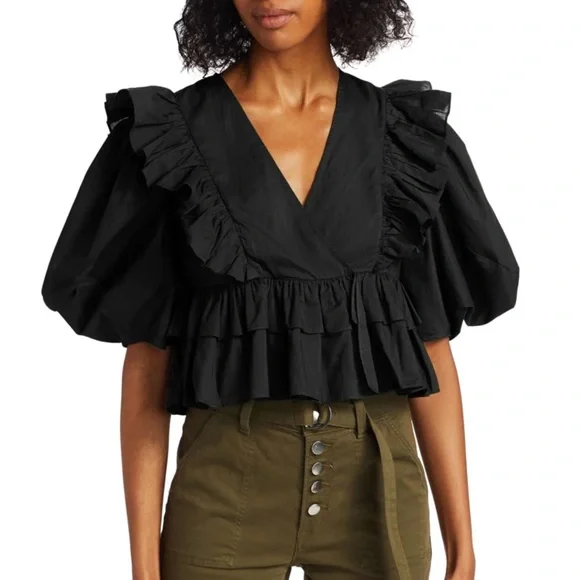 RHODE Eloise Blouse Black Cotton Puff Sleeve Ruffled Top EUC size M - Picture 1 of 10